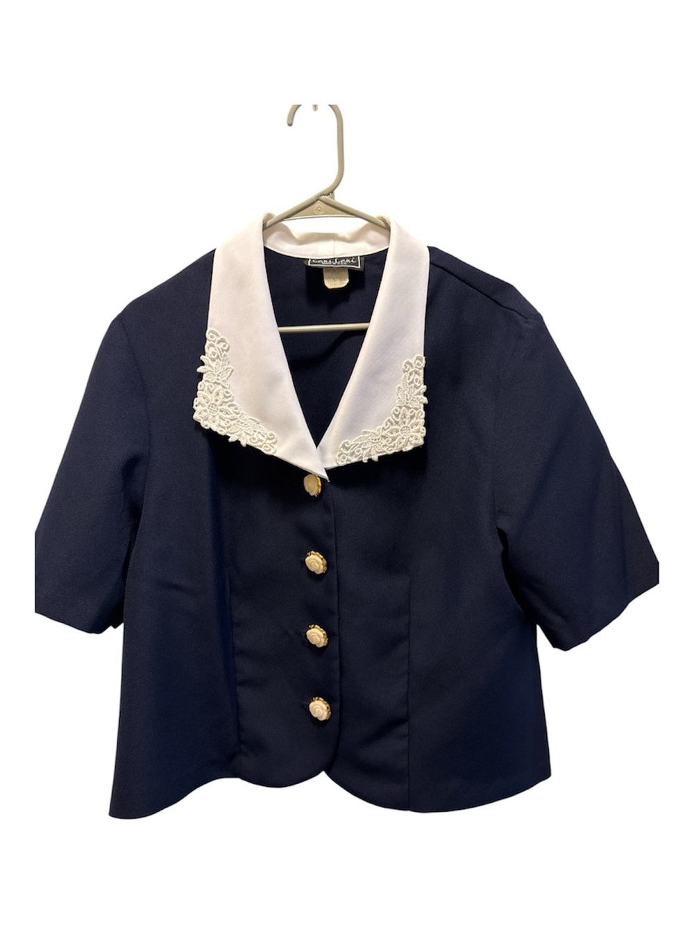 Vintage Women’s Navy Blue Short Sleeve Blouse with Embroidered Lace Collar